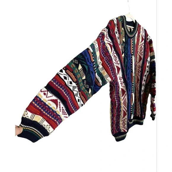 Vintage 90s Cotton Traders Coogi Style Colorful 3D Knit Crewneck Sweater Retro L - Picture 3 of 12